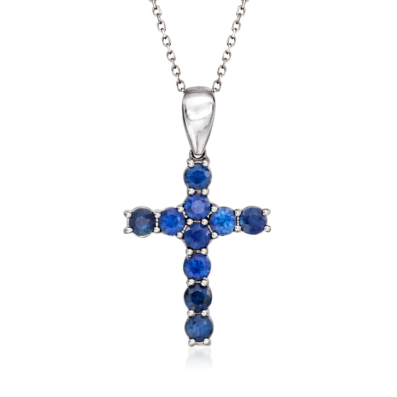 Vintage sapphire cross pendant necklace in 18kt white gold with blue gemstone accents