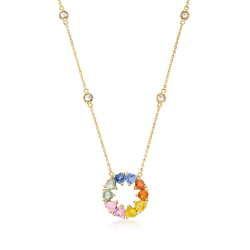 14kt yellow gold necklace with multicolored sapphire and diamond circle pendant