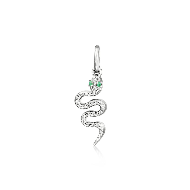 Sterling silver snake charm with green emerald accents and diamond-like sparkle