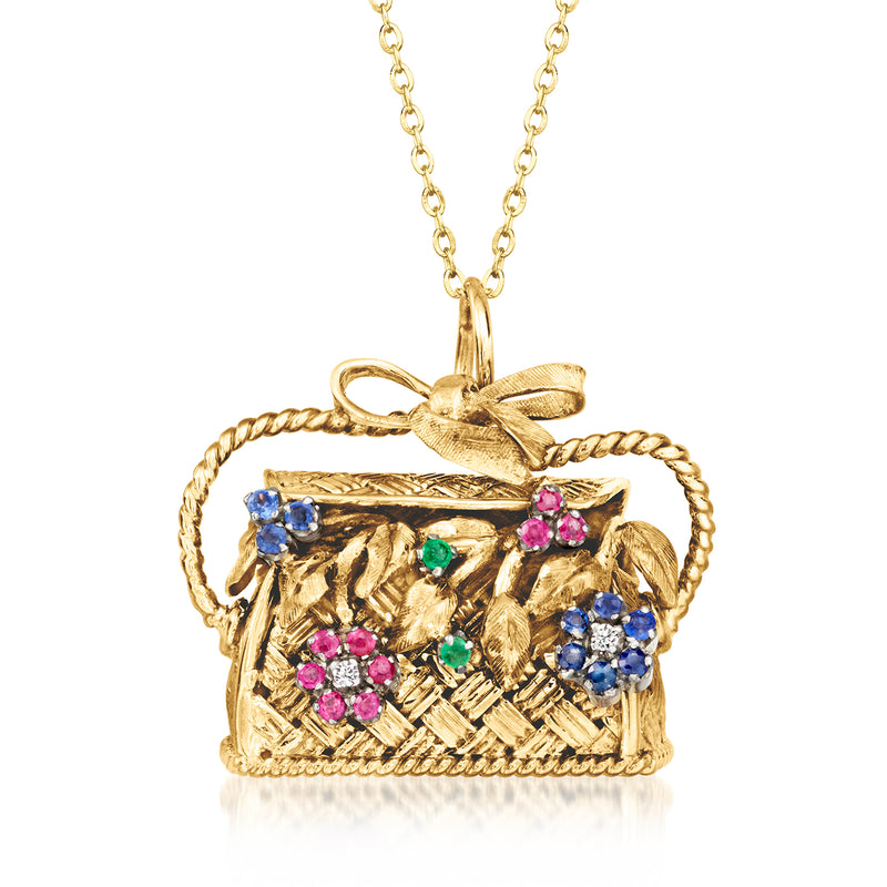 18kt yellow gold flower basket pendant necklace with multicolor gemstones and diamonds