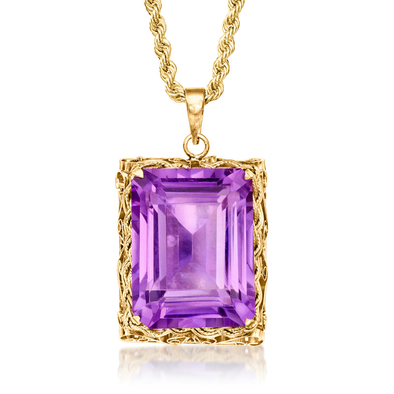 Square amethyst pendant necklace in yellow gold with chain and ornate bezel setting