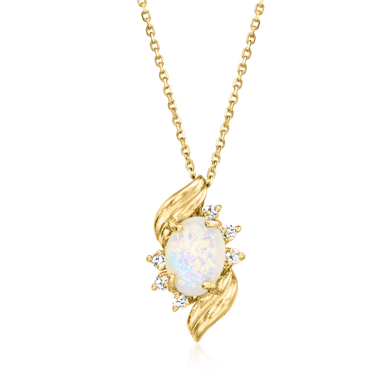 14kt yellow gold pendant necklace with opal center and diamond halo, cable chain