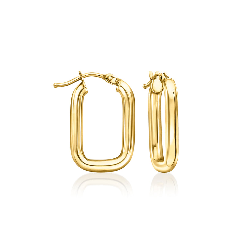 10kt yellow gold paper clip link hoop earrings, polished rectangular hoops