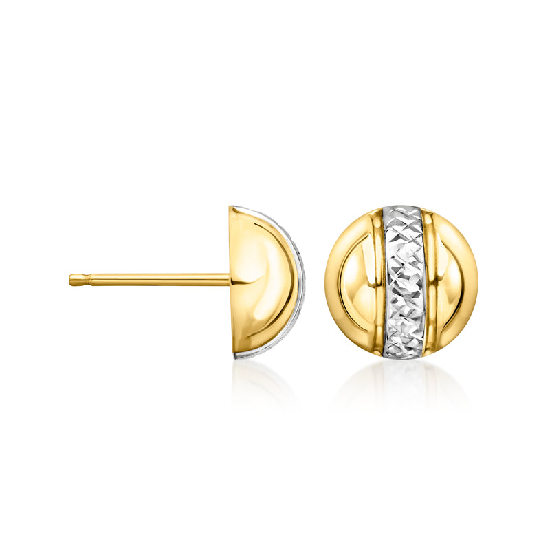Two-tone gold diamond-cut domed stud earrings with white center inlay