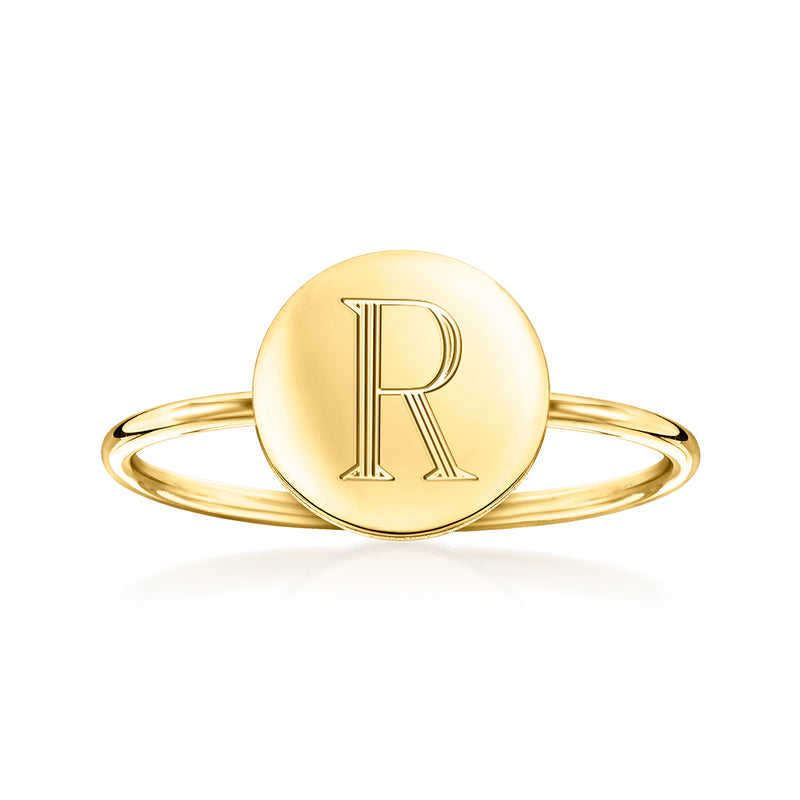Yellow gold personalized disc ring with engraved letter R, slim band
