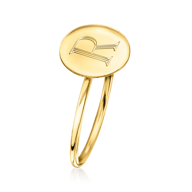 Yellow gold disc ring with engraved letter R, open double-curve band
