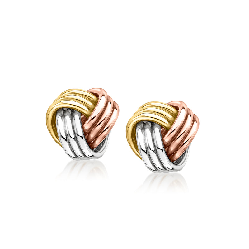 Tri-colored 10kt gold love knot stud earrings, yellow/rose/white gold knot rings