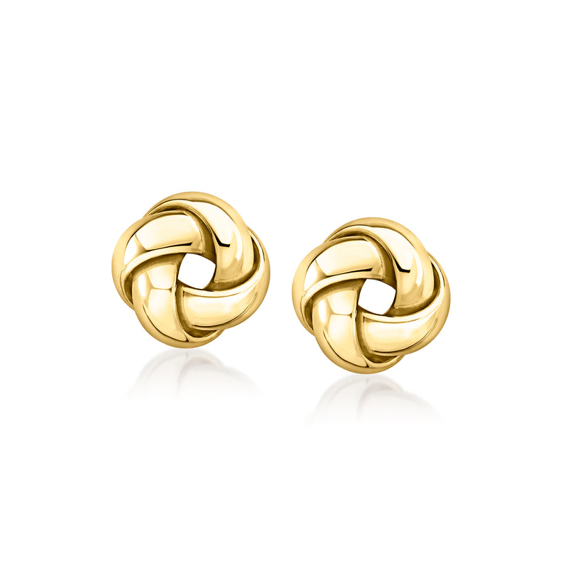 10kt yellow gold love knot stud earrings, round knot design with post backs
