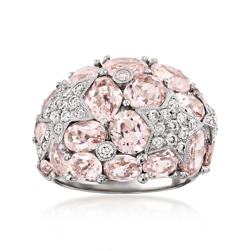 Morganite and diamond star cluster ring in 14kt white gold, pink gemstone halo