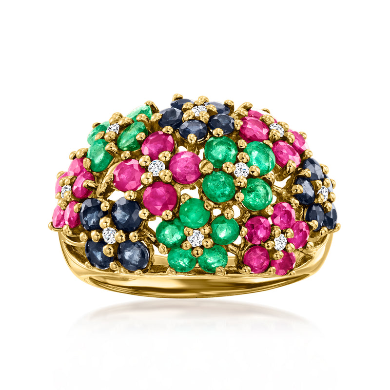 14kt yellow gold flower ring with green, pink, blue gemstones and diamond accents