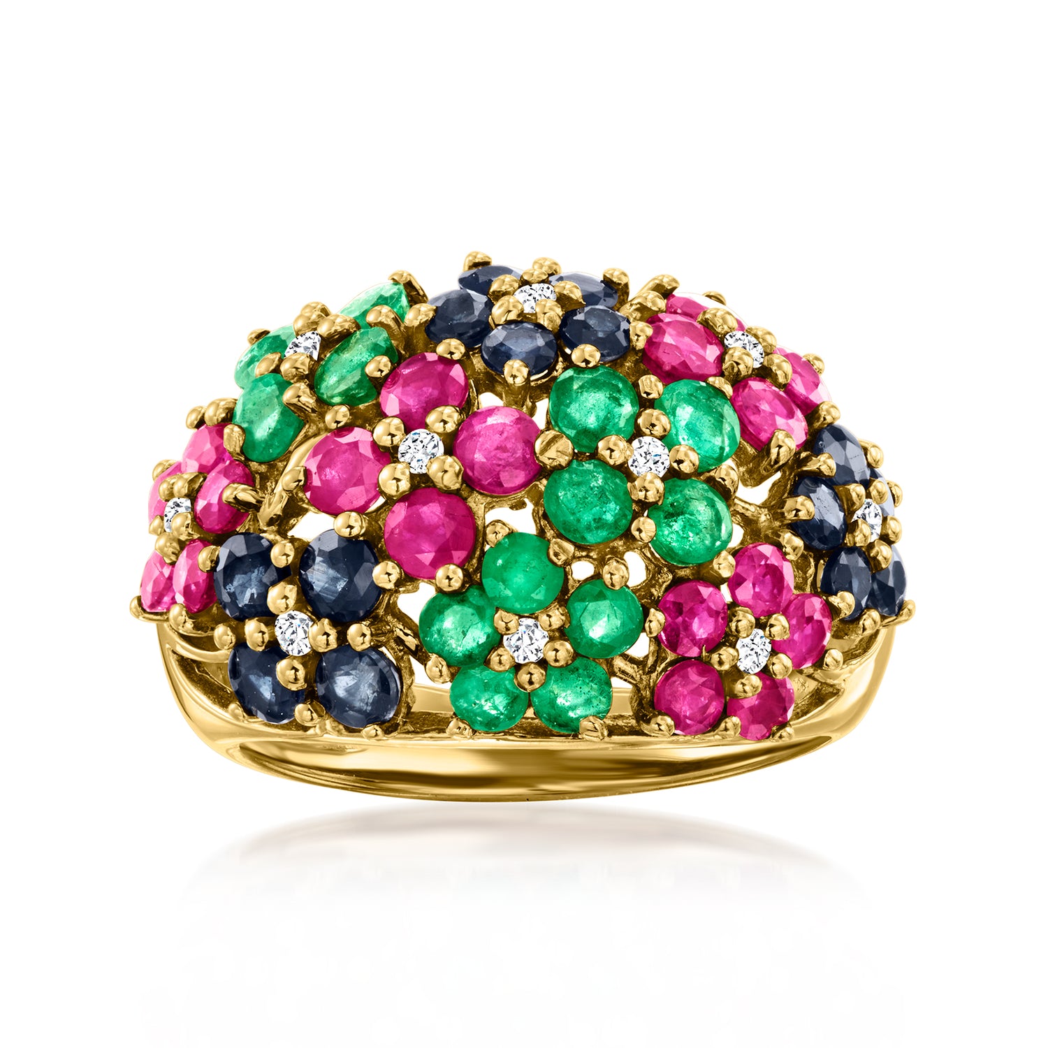 C. 1980 Vintage 3.35 ct. t.w. Multi-Gemstone and .15 ct. t.w. Diamond Flower Ring in 14kt Yellow Gold