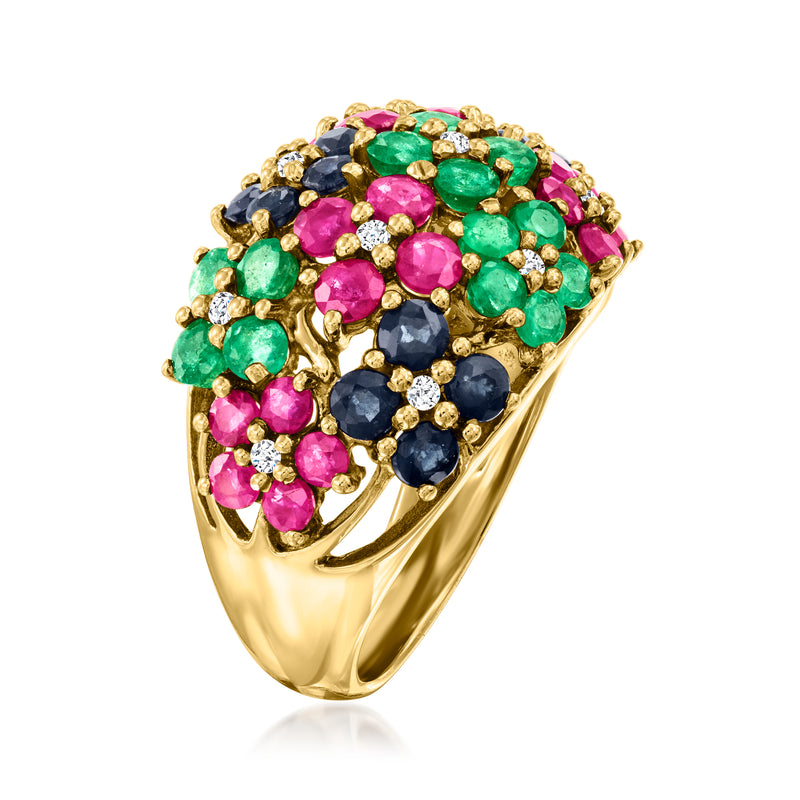 Yellow gold statement ring with green, pink and blue gemstones and white diamond sparkles