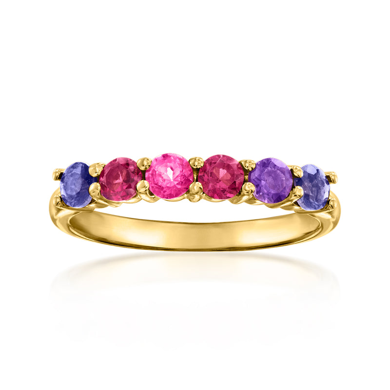 Gold multi-gemstone gradient ring with pink, blue, and purple stones