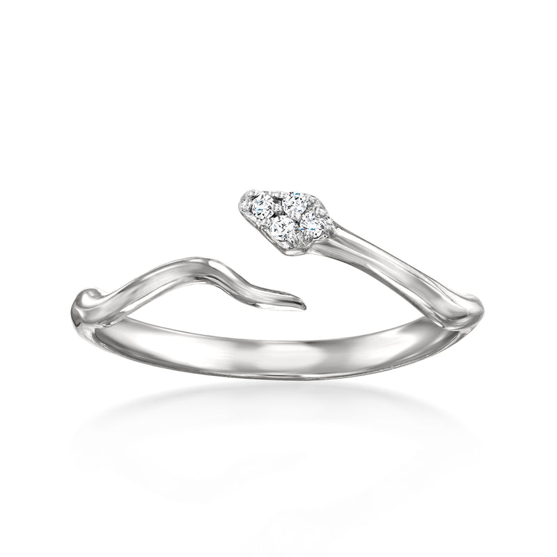 Sterling silver bypass ring with pave diamond snake design and sparkling stone detail