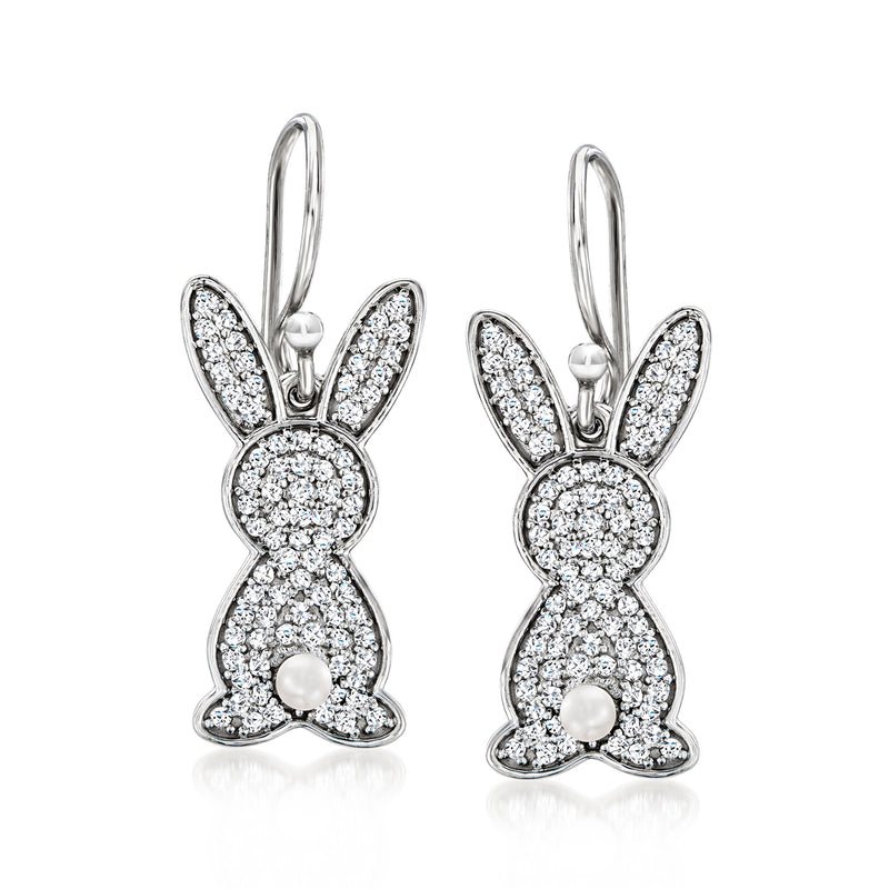 Sterling silver bunny drop earrings with white topaz and small cultured pearls