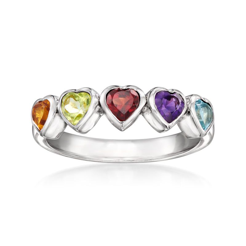 Sterling silver heart ring with five multi-gem heart stones: orange, green, red, purple, blue.