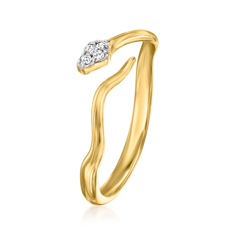Gold snake bypass ring with marquise diamond, angled side view
