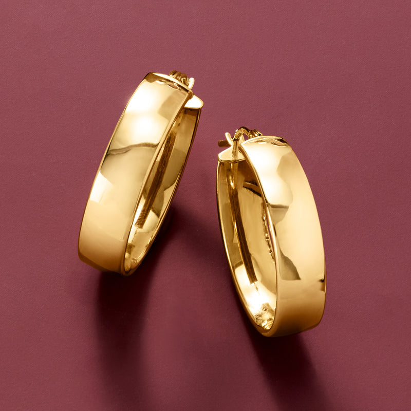 Oval 14kt yellow gold hoop earrings, thick polished oval with clasp