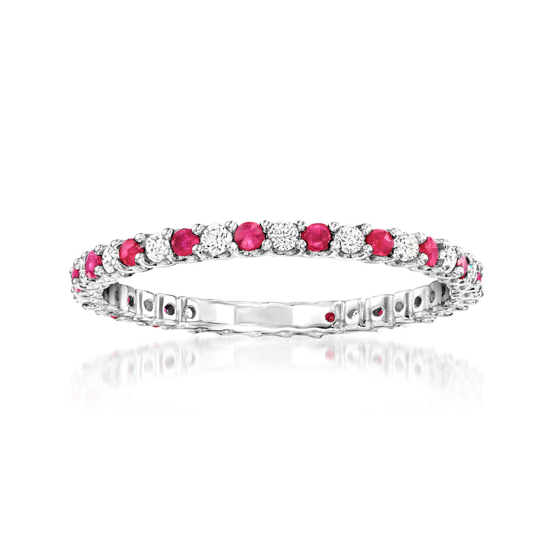 Sterling silver eternity band with pink ruby stones and diamond accents