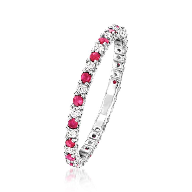 Sterling silver eternity band with alternating pink ruby and round diamond stones