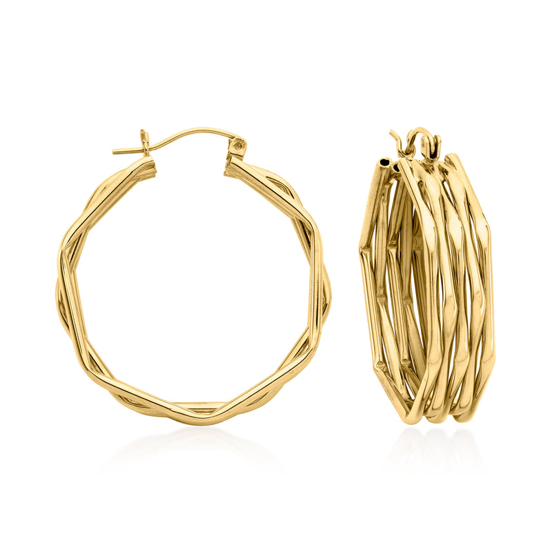 14kt yellow gold five-row ridged hoop earrings with hinged posts
