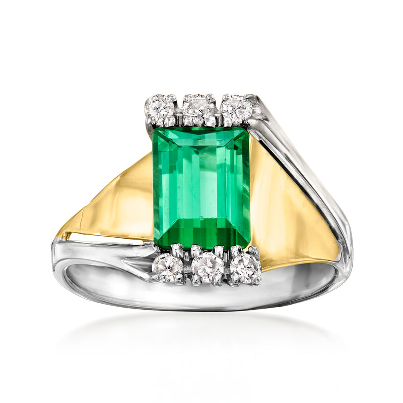 Two-tone gold ring with square green tourmaline center and diamond accents