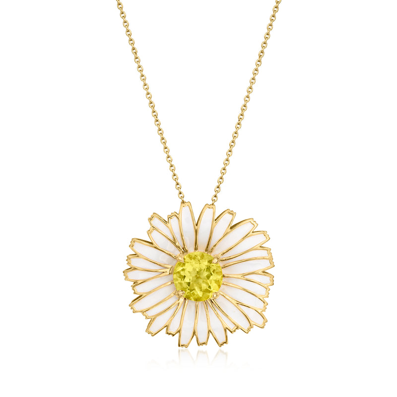Gold over sterling daisy pin/pendant necklace with yellow quartz center and white enamel petals