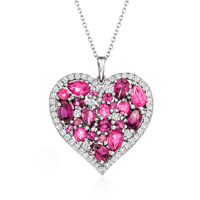Sterling silver heart pendant necklace with pink multi-gemstones and diamond accents