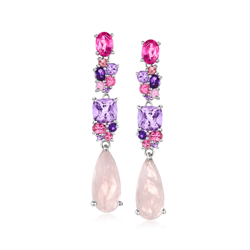 Sterling silver multi-gem drop earrings with pink and purple pear-shaped dangles