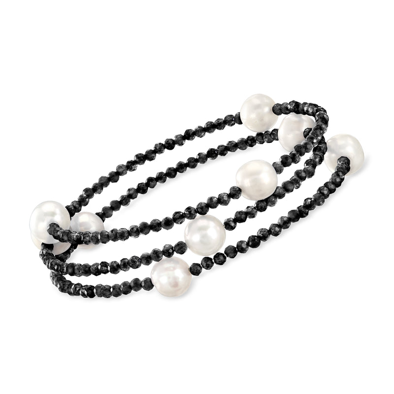 Black spinel bead wrap bracelet with white cultured pearls, multi-strand design