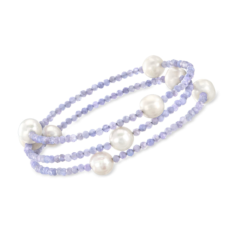 Cultured pearl and tanzanite bead wrap bracelet with lavender beads and three white pearls