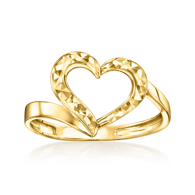 10kt yellow gold diamond-cut heart ring with open heart design