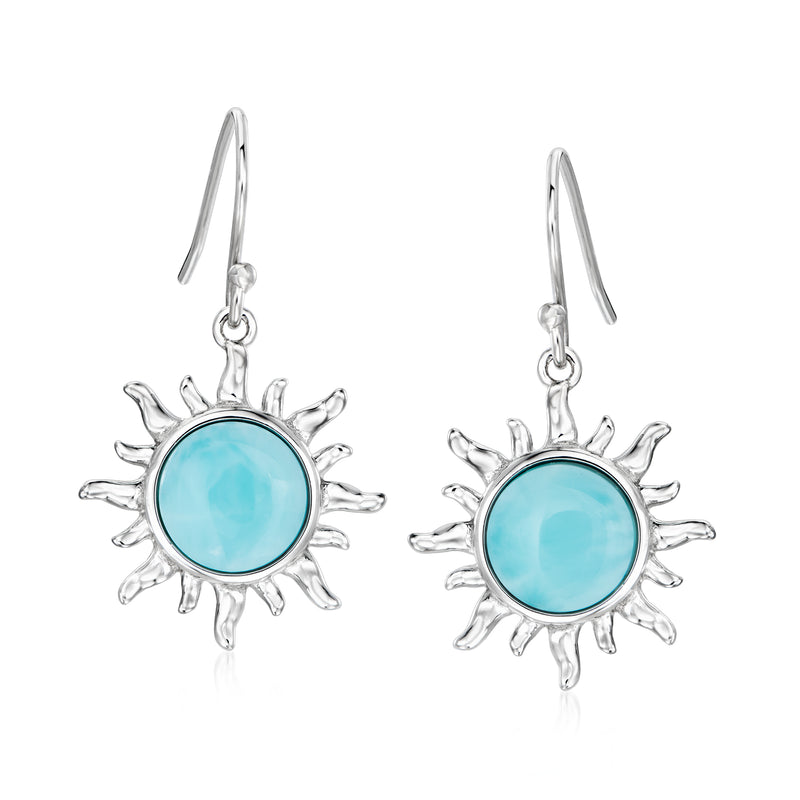 Sterling silver sun drop earrings with round blue Larimar stone and sunray frame