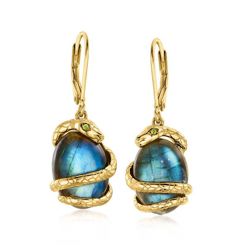 Gold leverback drop earrings with snake motif and blue labradorite teardrop, green accents