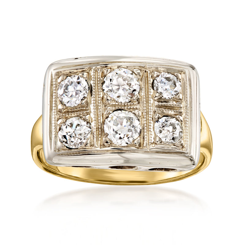 Vintage diamond grid ring with 10kt yellow gold band and 6 round brilliant stones in bezel