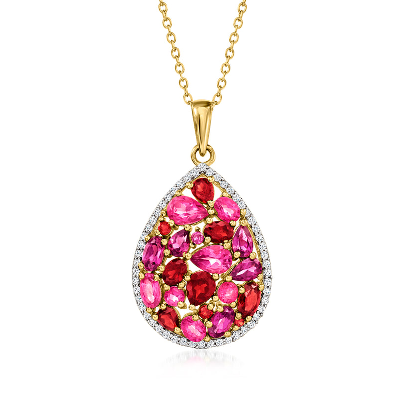Teardrop pendant necklace with gold chain, halo setting, pink and red gemstones.