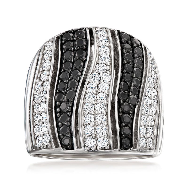 Sterling silver ring with white zircon and black spinel striped design