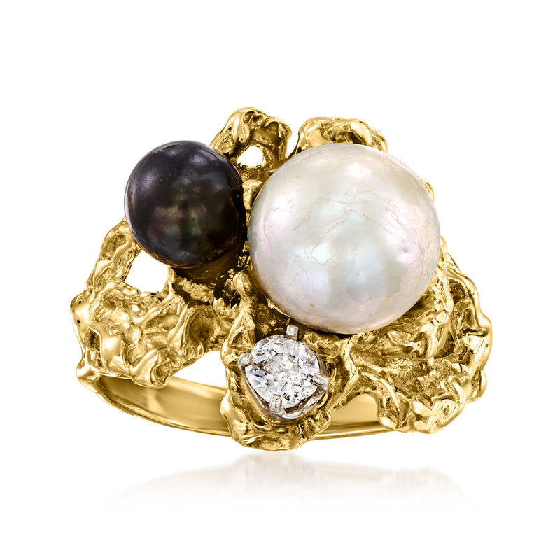 Vintage 14kt yellow gold pearl and diamond ring with black and white pearls