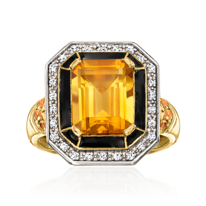Art deco-style citrine ring with black enamel border, diamond halo, gold over sterling setting