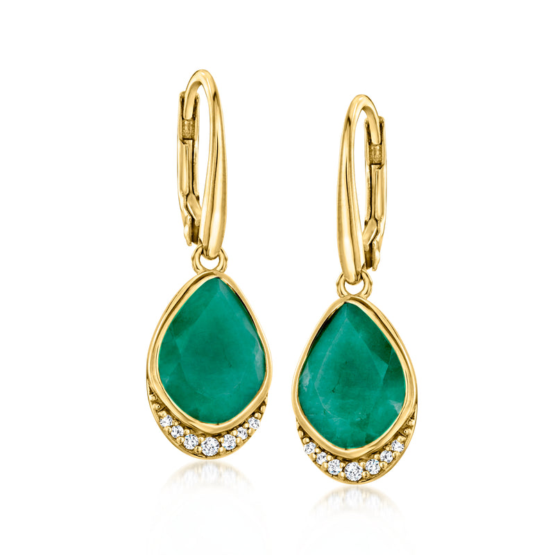 Gold drop earrings with green teardrop stone and white topaz halo, leverback