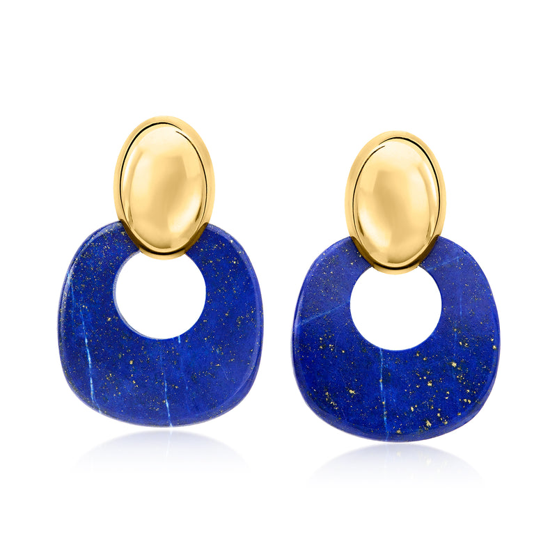 Lapis doorknocker drop earrings with 18kt gold over sterling top and blue round lapis discs