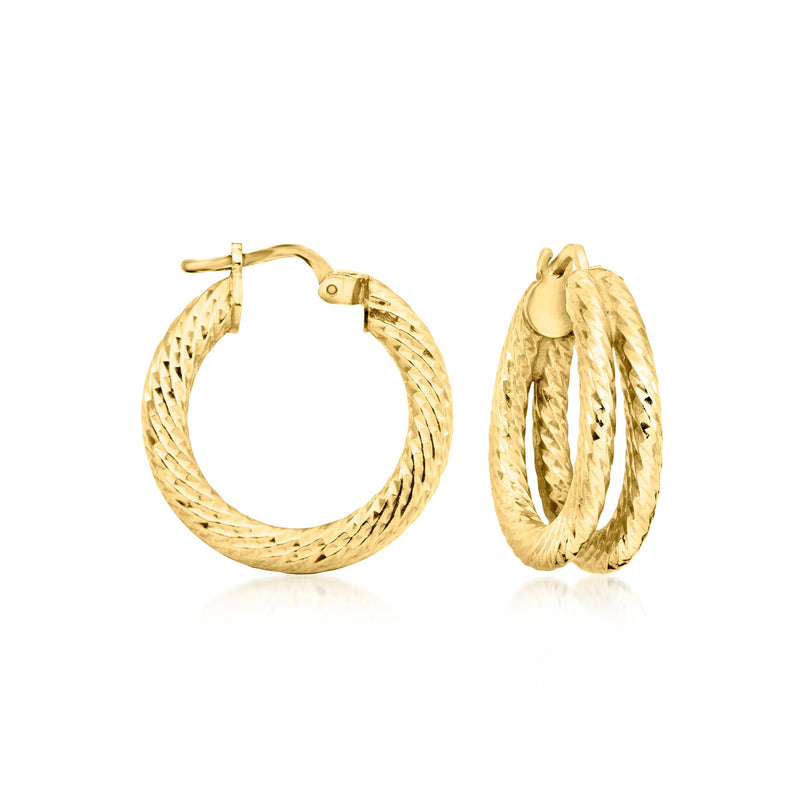 Gold over sterling two-row hoop earrings with twisted texture and hinged backs