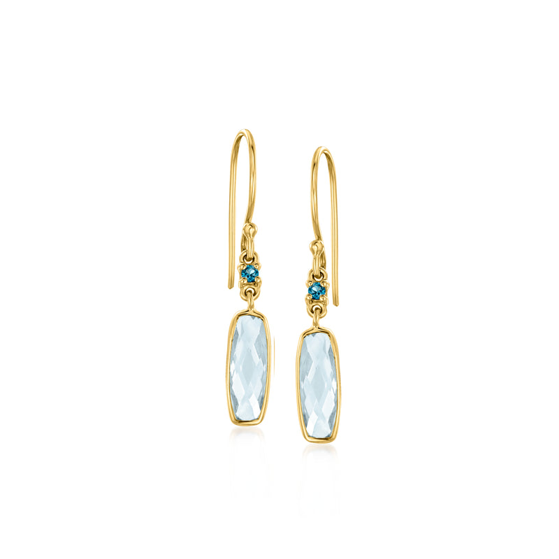 Gold over sterling drop earrings with sky and London blue topaz, earwire hooks