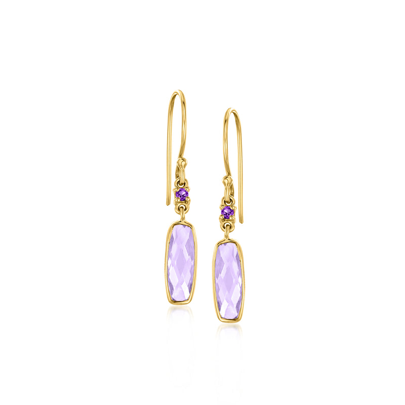 Amethyst drop earrings in gold-tone with purple cushion stones and earwire hooks