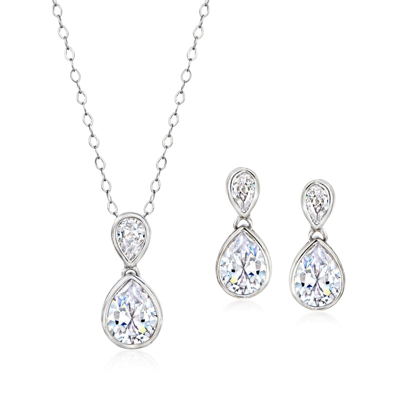 Sterling silver CZ teardrop pendant necklace and drop earrings set, crystal-clear stones