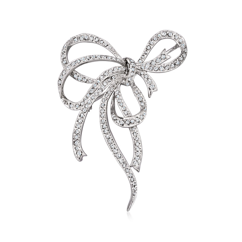 18kt white gold diamond ribbon bow pin with sparkling pave accents