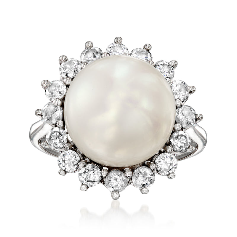 Cultured pearl and diamond halo ring, large white pearl with round diamond accents in white gold