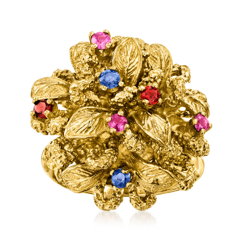 Vintage bow ring in 14kt yellow gold with multicolored sapphire cluster stones