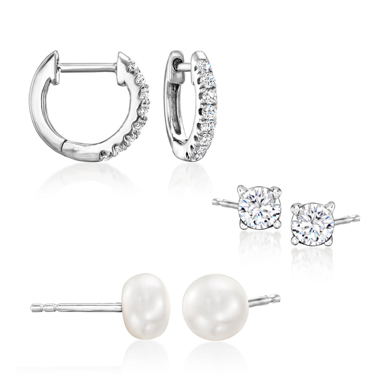 Sterling silver earring set: cultured pearl studs, CZ hoop and small CZ stud earrings