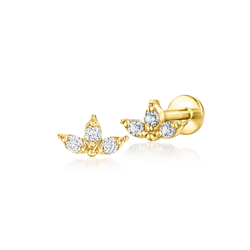 14kt yellow gold three-stone diamond stud earrings with flat backs